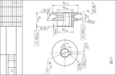 Assembly drawing of pulley (roller) of electrical reducer. Vector design of steel mechanical device with dimension lines. Engineering technic computer cad scheme on paper sheet. Hand drawn sketch.