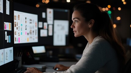 Fototapeta premium A trailblazing woman executive in the gaming industry, thoughtfully reviewing intricate storyboard designs for an upcoming game.