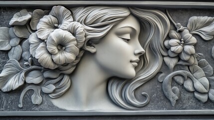 Fototapeta premium An intricate Art Nouveau relief depicting a graceful woman with flowing hair adorned with delicate flowers, her form surrounded by elegant, swirling patterns.