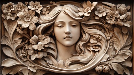 Fototapeta premium An intricate Art Nouveau relief depicting a graceful woman with flowing hair adorned with delicate flowers, her form surrounded by elegant, swirling patterns.