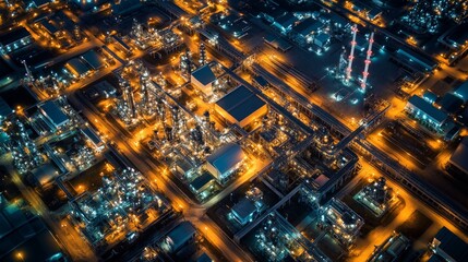 Obraz premium Aerial View of Industrial Complex at Night with Bright Lights
