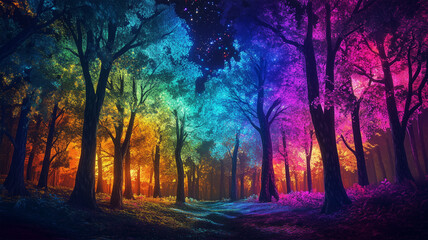 蛍光ペイントで彩られた夜の幻想的な森