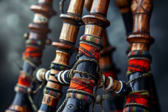 Several zamponas, traditional andean pan flutes, standing in a row, displaying their intricate details and craftsmanship