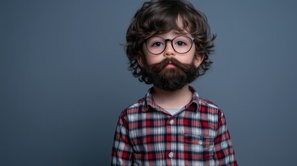 Obraz premium A young boy with a mischievous grin, dressed in a plaid shirt, sporting a fake beard and glasses for a whimsical look against a neutral gray backdrop.