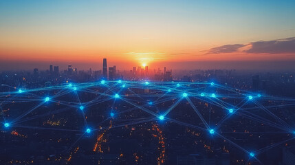 Abstract business man stands on the peak of success amid tall, innovative Smart city and graphs with statistics to analyze business potential and predict future developments in company growth.