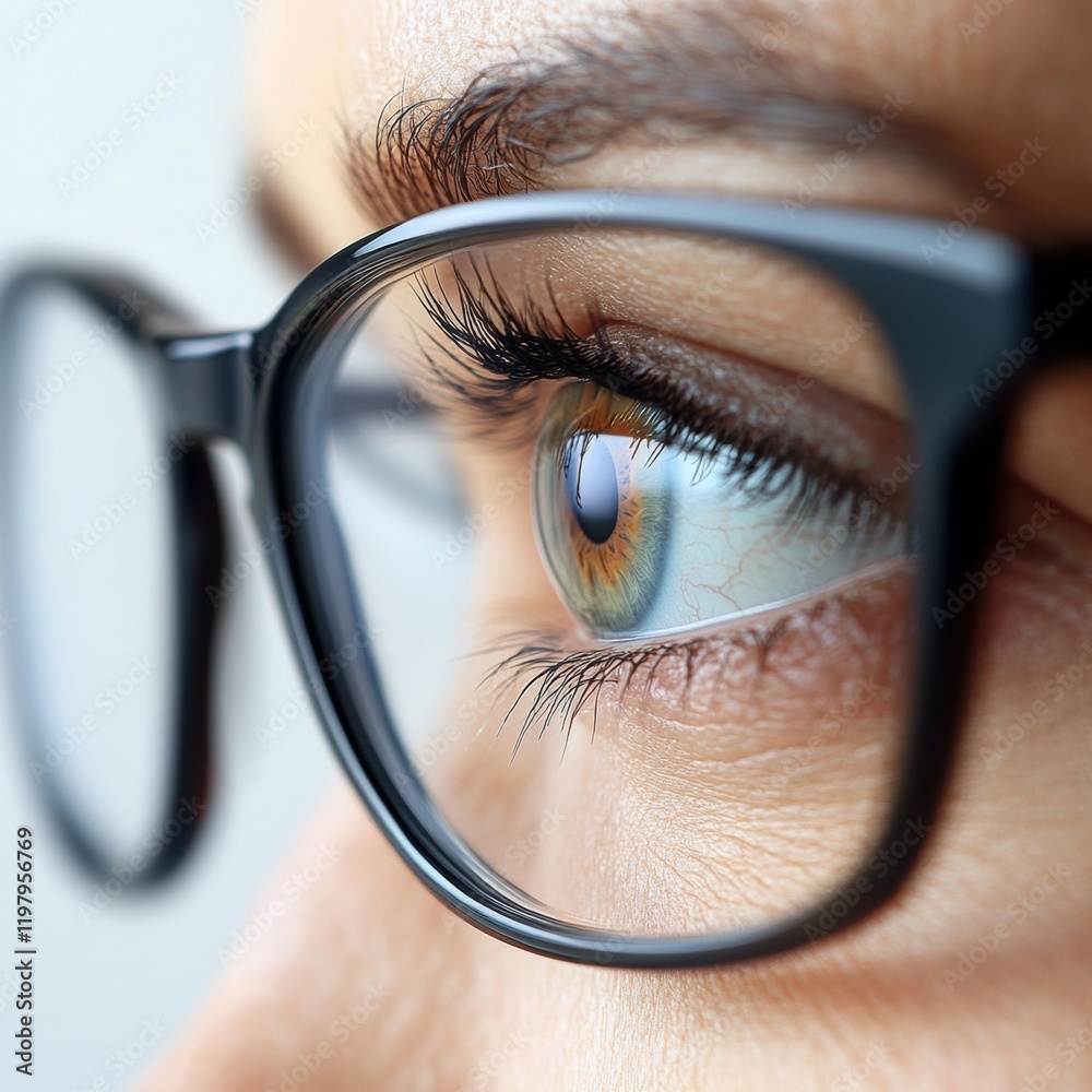 Poster Close up view of a human eye wearing glasses highlighting intricate details of the iris and eyelashes. Generative AI