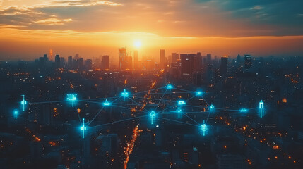 Fototapeta premium Abstract business man stands on the peak of success amid tall, innovative Smart city and graphs with statistics to analyze business potential and predict future developments in company growth.