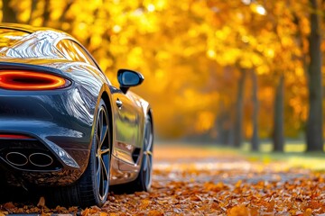 Luxury car parked serenely under golden sunlight with lush green trees surrounding in autumn hues