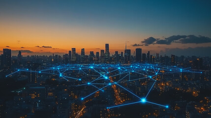Obraz premium Abstract business man stands on the peak of success amid tall, innovative Smart city and graphs with statistics to analyze business potential and predict future developments in company growth.