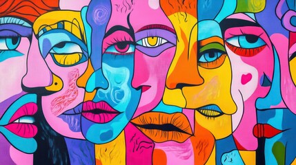Obraz premium Vibrant abstract painting of diverse faces, showcasing bold colors and unique styles.