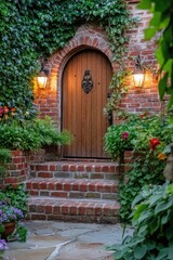 Fototapeta premium A delightful brick doorway is beautifully framed by abundant greenery and colorful flowers, all set in a serene garden ambiance during the enchanting twilight hours