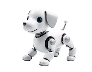 A cute dog-shaped robot in white and black. Made from plastic, On isolated PNG background,