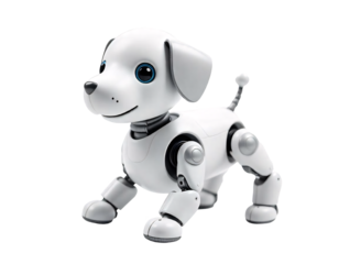 A cute dog-shaped robot in white and black. Made from plastic, On isolated PNG background,