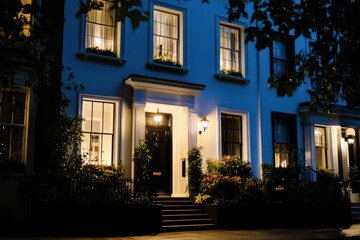 Elegant evening view of a historical residence with warm lights and seasonal flowers adorning the entrance in a tranquil neighborhood