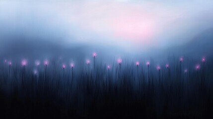 A painting of a field of purple flowers with a pink sun in the background