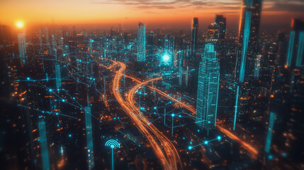 Fototapeta premium Abstract business man stands on the peak of success amid tall, innovative Smart city and graphs with statistics to analyze business potential and predict future developments in company growth.