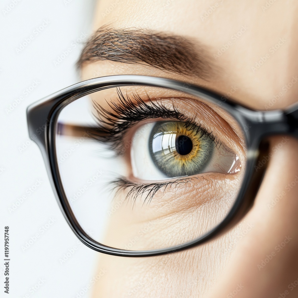 Poster close up view of a human eye behind glasses highlighting details and colors for a thoughtful portrai