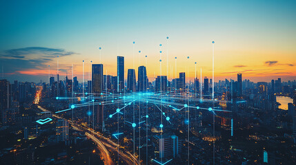 Fototapeta premium Abstract business man stands on the peak of success amid tall, innovative Smart city and graphs with statistics to analyze business potential and predict future developments in company growth.