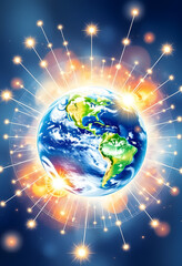 Planet Earth at luminous telecommunication network digital connections global communications, watercolor, with white tones