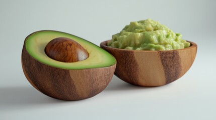 Fresh Avocado and Guacamole in Wooden Bowls