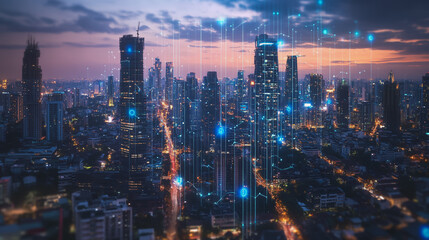 Fototapeta premium Abstract business man stands on the peak of success amid tall, innovative Smart city and graphs with statistics to analyze business potential and predict future developments in company growth.