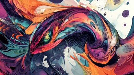 Abstract swirling colorful artwork resembling a serpent's head.