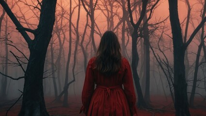 A mysterious woman in a flowing red dress stands in a foggy, eerie forest at dusk, creating a haunting yet captivating scene.  
