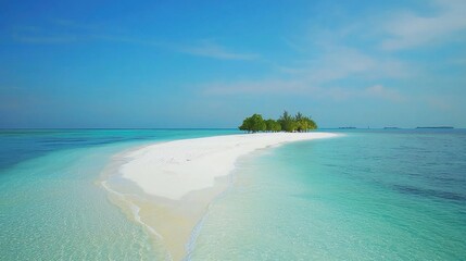 Tropical island sandbar, turquoise water, aerial view, sunny day, travel brochure