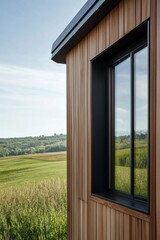 Fototapeta premium A contemporary wooden cabin features a spacious window that beautifully frames the stunning landscape outside, illuminated by bright daylight on a sunny day