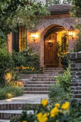 Fototapeta premium Charming entrance of a rustic home with flowering plants and warm lighting on a tranquil evening in a suburban neighborhood