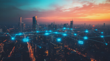 Fototapeta premium Abstract business man stands on the peak of success amid tall, innovative Smart city and graphs with statistics to analyze business potential and predict future developments in company growth.