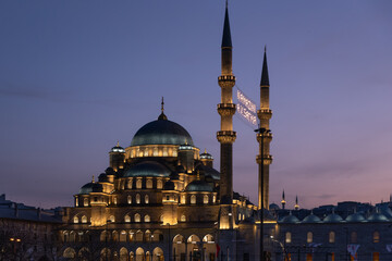 Ottoman‑style mosque with twin minarets at twilight, Istanbul, Turkey