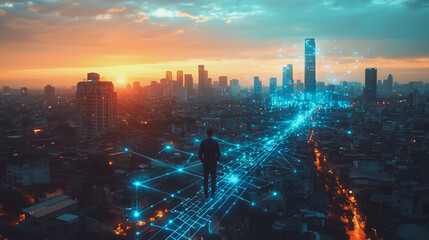 Fototapeta premium Abstract business man stands on the peak of success amid tall, innovative Smart city and graphs with statistics to analyze business potential and predict future developments in company growth.