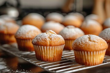Delicious golden muffins sprinkled with powdered sugar cooling on rack after baking