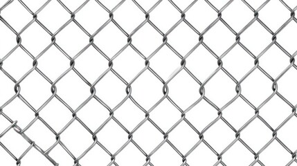 Fototapeta premium Close-up of a metallic chain-link fence with a small damaged section against a white background.