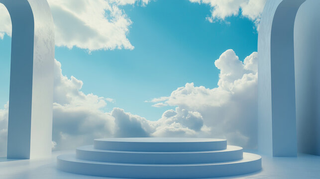 "3D rendered background featuring a blue podium and minimal cloud scene, ideal for product displays. The design incorporates geometric shapes, pastel blue skies, and a cloud platform, creating a seren