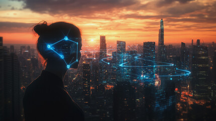 Abstract business man stands on the peak of success amid tall, innovative Smart city and graphs with statistics to analyze business potential and predict future developments in company growth.