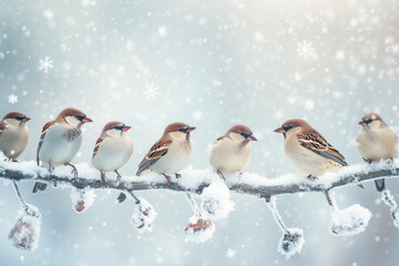 Group of sparrows perched on a snowy branch during a gentle winter snowfall, creating a serene and picturesque scene in a tranquil woodland area