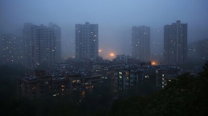 Obraz premium Foggy City Night Landscape with Highrise Buildings