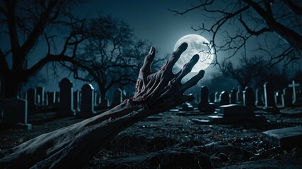 A chilling scene of a zombie hand reaching out from the ground in a moonlit graveyard, surrounded by tombstones and barren trees.  
