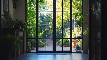 A back door with a grid of small square glass panels framed in dark steel 