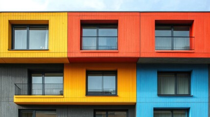 Obraz premium Colorful modern apartment building facade with vibrant panels and balconies under a clear sky