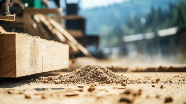 Sawdust accumulates on the floor as wood is being cut in a busy workshop surrounded by timber