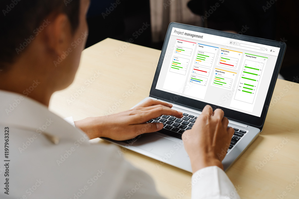 Poster project planning software for modish business project management on the computer screen showing time