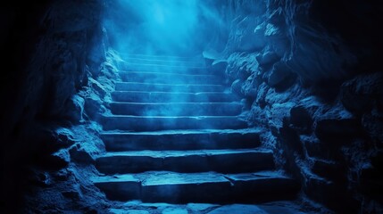 A mystical set of stone steps descends into shadowy depths, bathed in an eerie blue light that shimmers along the edges, evoking a sense of mystery and enchantment.