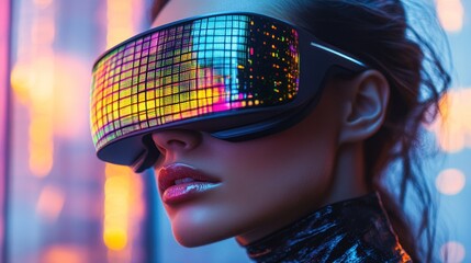 Innovative woman wearing futuristic VR headset with vibrant lights in urban environment at night. Generative AI