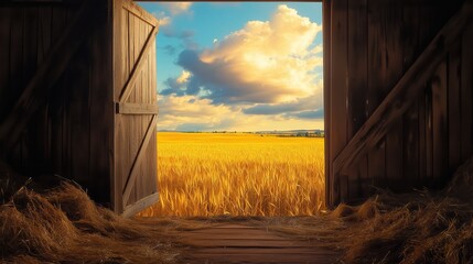 The weathered wooden doors of a barn stand ajar, revealing a radiant expanse of golden crops stretching to the horizon under a clear blue sky.