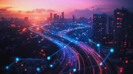 Abstract business man stands on the peak of success amid tall, innovative Smart city and graphs with statistics to analyze business potential and predict future developments in company growth.