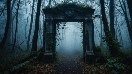 A haunting stone archway overgrown with vines, set in a dense, foggy forest path, evoking an eerie and mystical atmosphere.  
