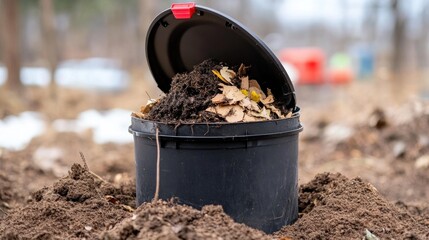 A black compost bin contains rich organic matter, surrounded by bare soil and early spring foliage